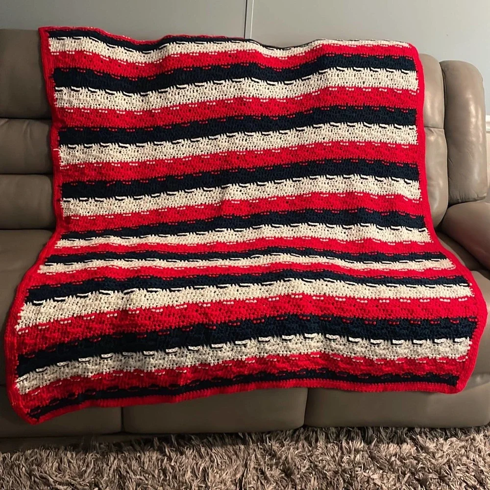 Large oversized grandma hand knitted Roseanne style, afghan-patriotic colors